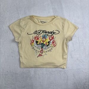 Y2K Ed Hardy Flames Born Free Dice Roll Yellow SS Graphic Shirt‎ Women's M Crop